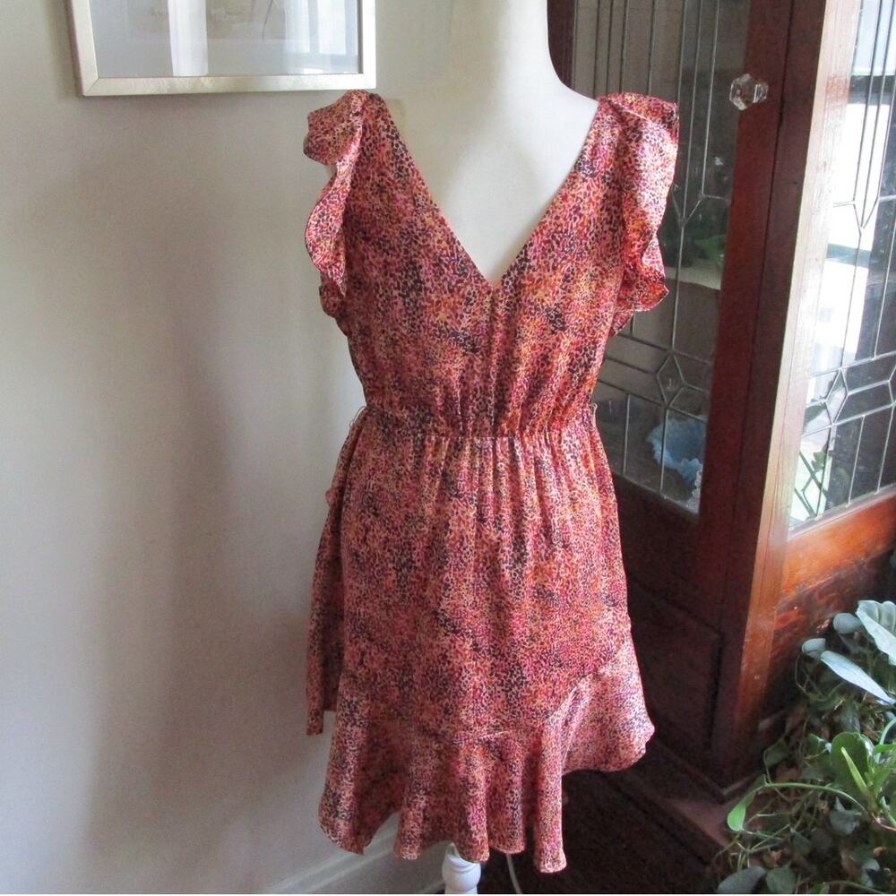 Express Pink Abstract Print Ruffle Faux Wrap Dress Size S/M - Picture 5 of 17